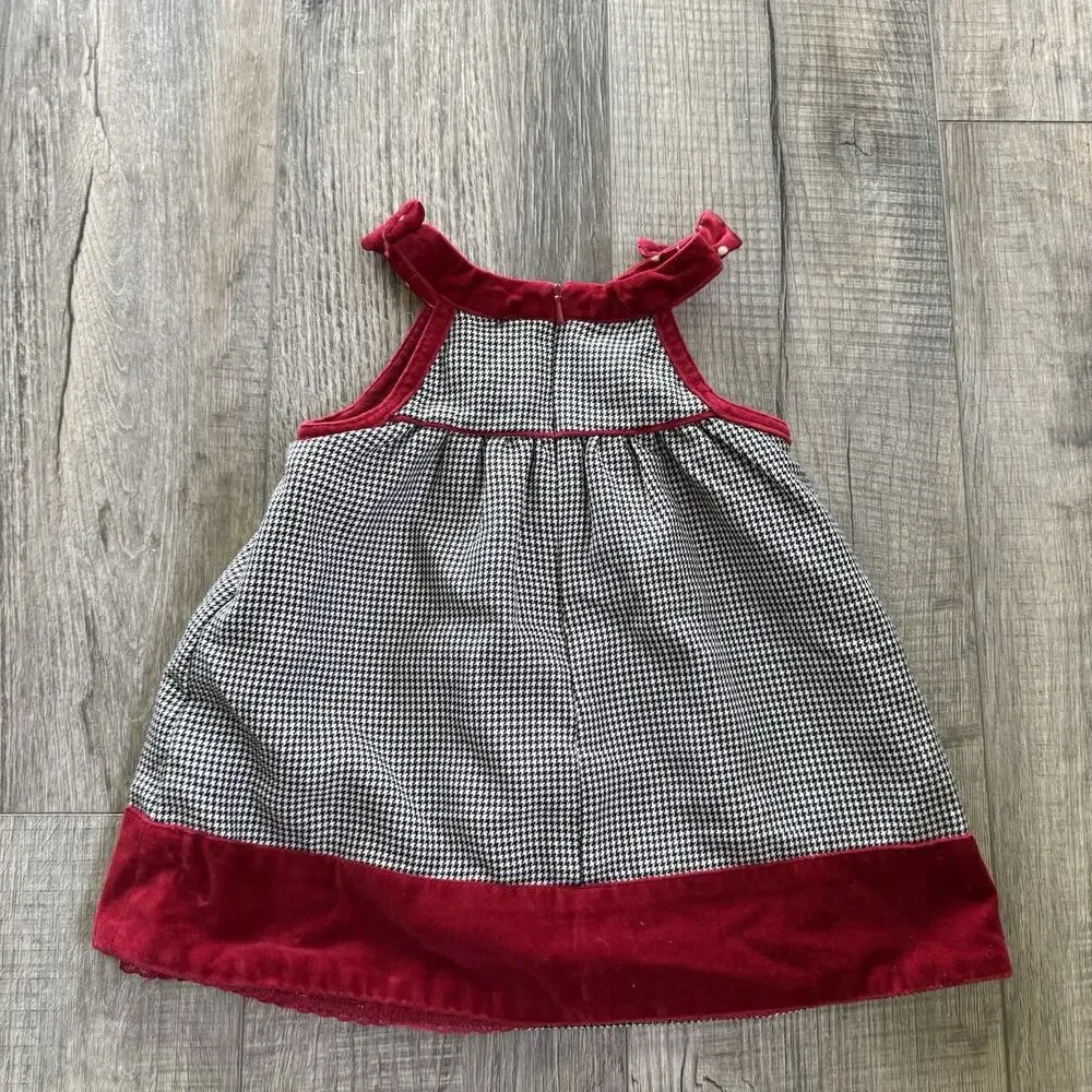 Vtg Children’s Place Holiday Dress 6-9 Months Black Red Houndstooth Velvet Bow